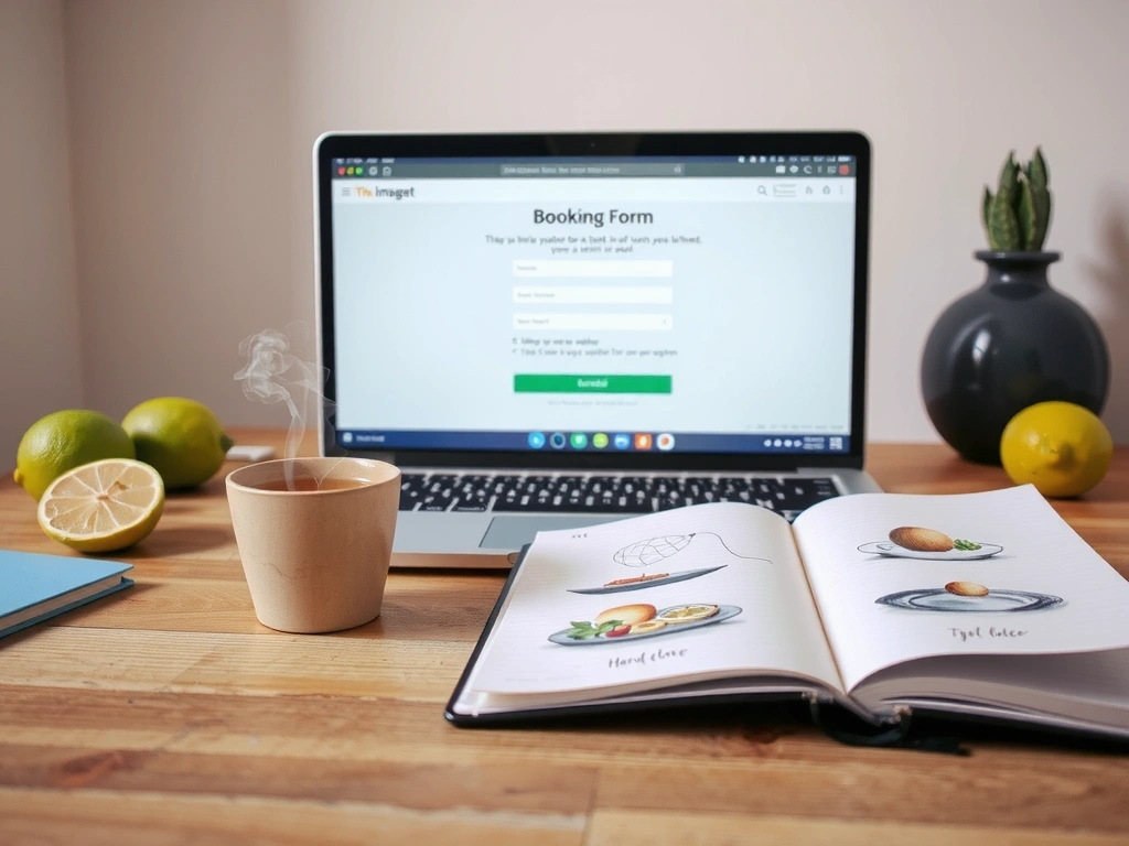 Rituel de réservation : bureau épuré avec ordinateur, thé et carnet de notes